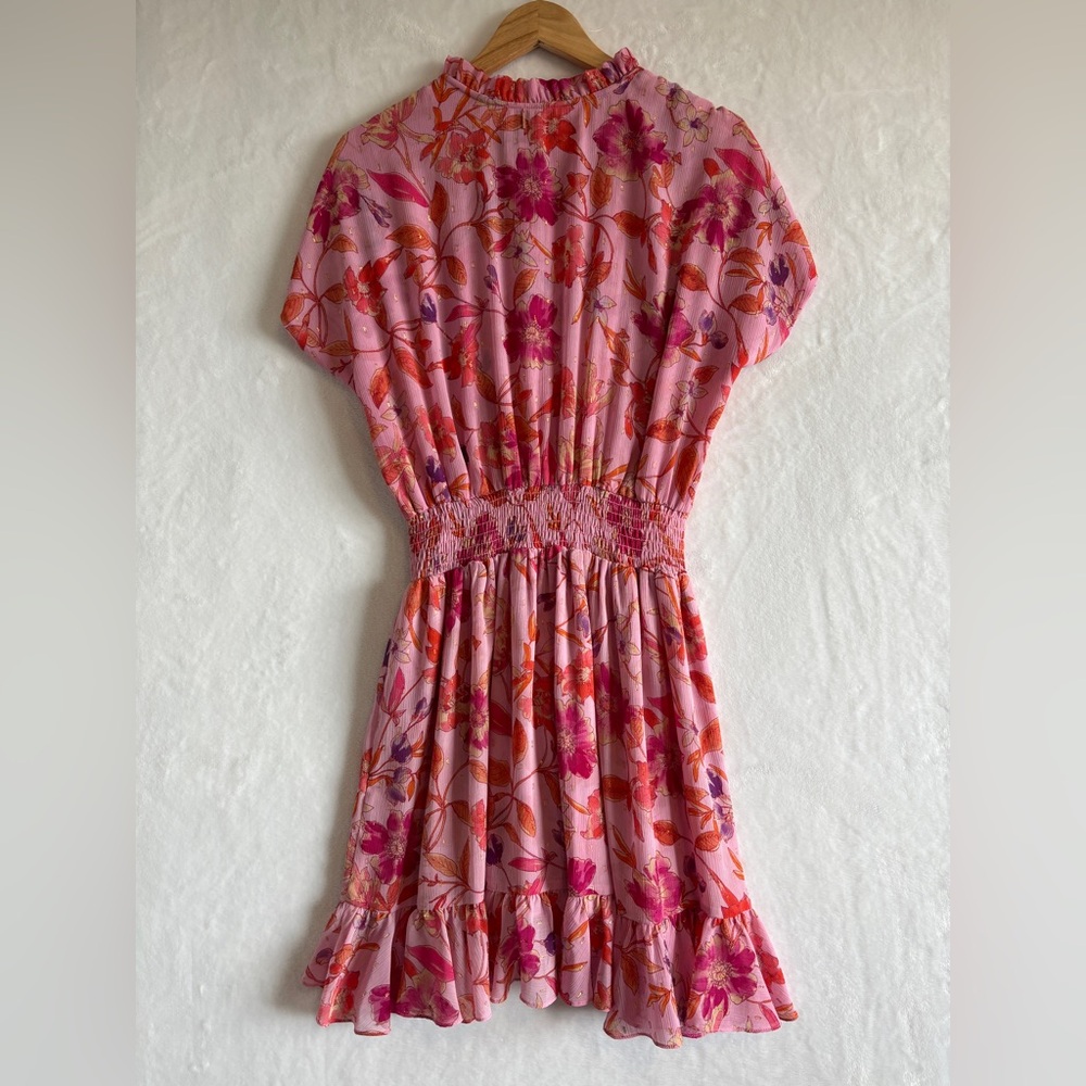MISA Los Angeles Dominique pink Floral Chiffon Split-Neck Mini Dress size Medium - Picture 10 of 12